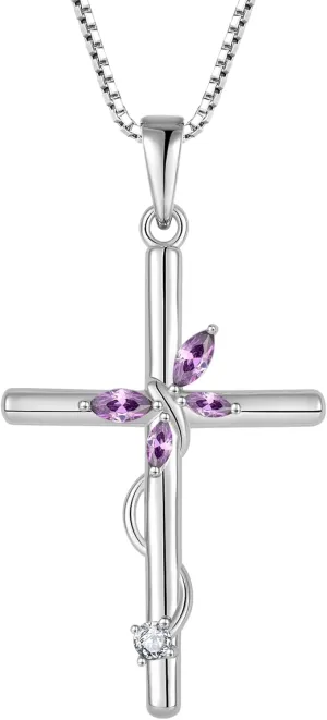 Cross Necklace for Women, 925 Sterling Silver Butterfly Cross Necklaces Birthstone Pendants Christian Crucifix Baptism Jewelry Gifts for Her