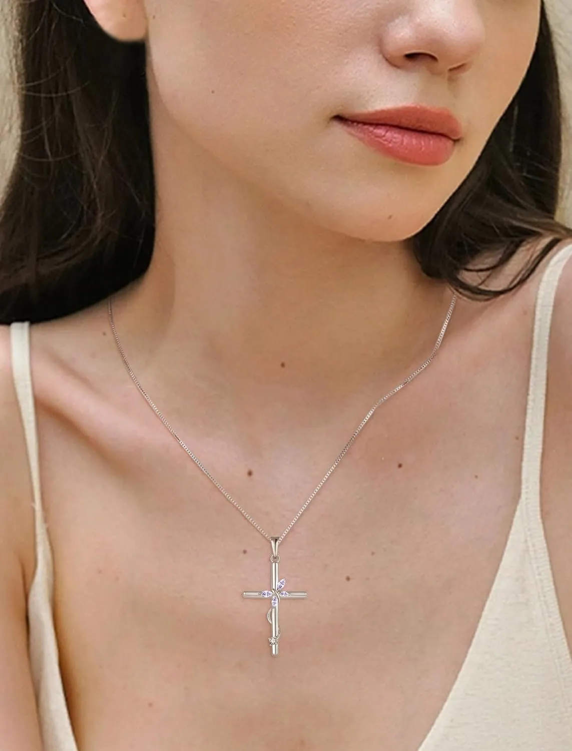 Cross Necklace for Women, 925 Sterling Silver Butterfly Cross Necklaces Birthstone Pendants Christian Crucifix Baptism Jewelry Gifts for Her
