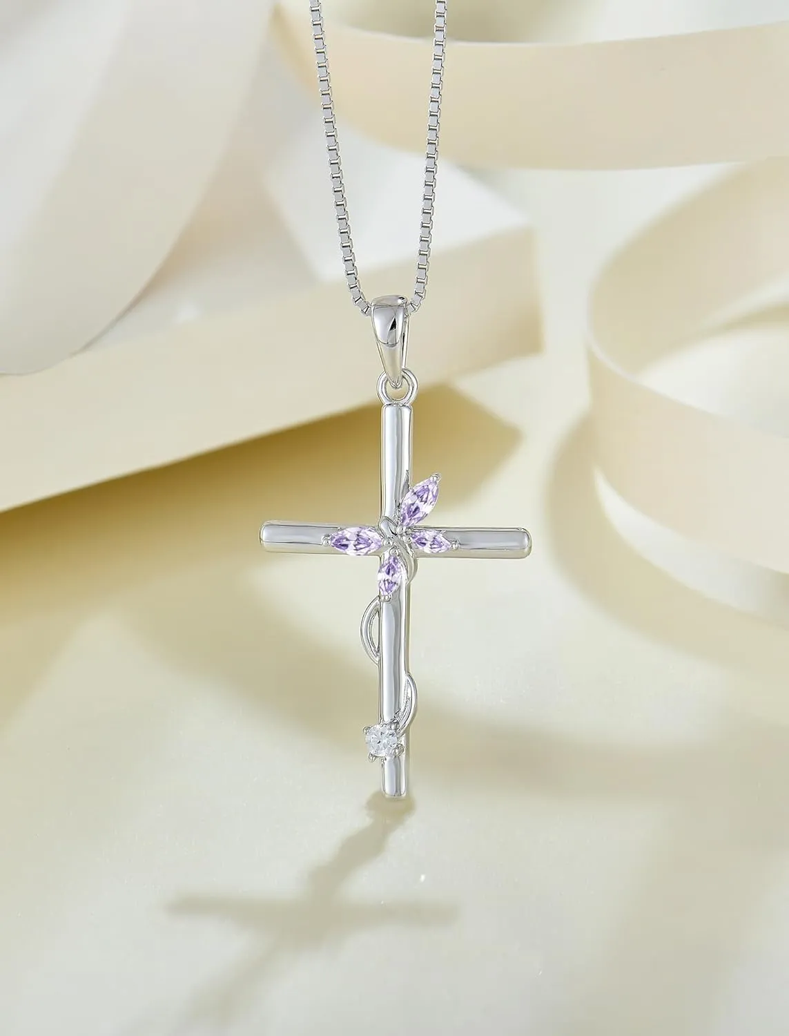 Cross Necklace for Women, 925 Sterling Silver Butterfly Cross Necklaces Birthstone Pendants Christian Crucifix Baptism Jewelry Gifts for Her