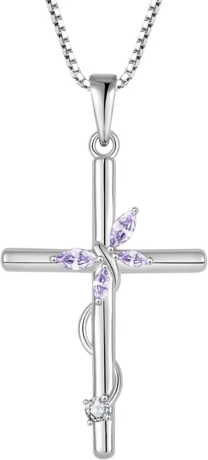 Cross Necklace for Women, 925 Sterling Silver Butterfly Cross Necklaces Birthstone Pendants Christian Crucifix Baptism Jewelry Gifts for Her