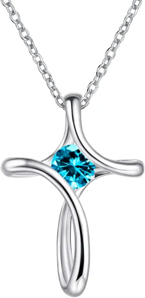 Cross Necklace for Women Birthstone Necklaces for Women 925 Sterling Silver Pendant Necklace Birthday Mother's Day Jewelry Gift for Women Sister Wife Girlfriend Her