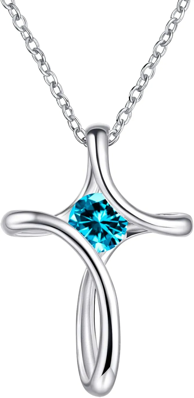 Cross Necklace for Women Birthstone Necklaces for Women 925 Sterling Silver Pendant Necklace Birthday Mother's Day Jewelry Gift for Women Sister Wife Girlfriend Her