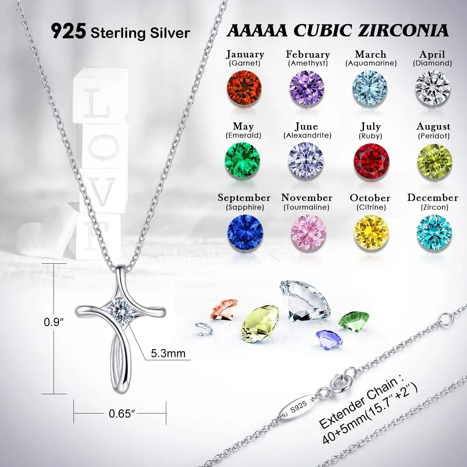 Cross Necklace for Women Birthstone Necklaces for Women 925 Sterling Silver Pendant Necklace Birthday Mother's Day Jewelry Gift for Women Sister Wife Girlfriend Her