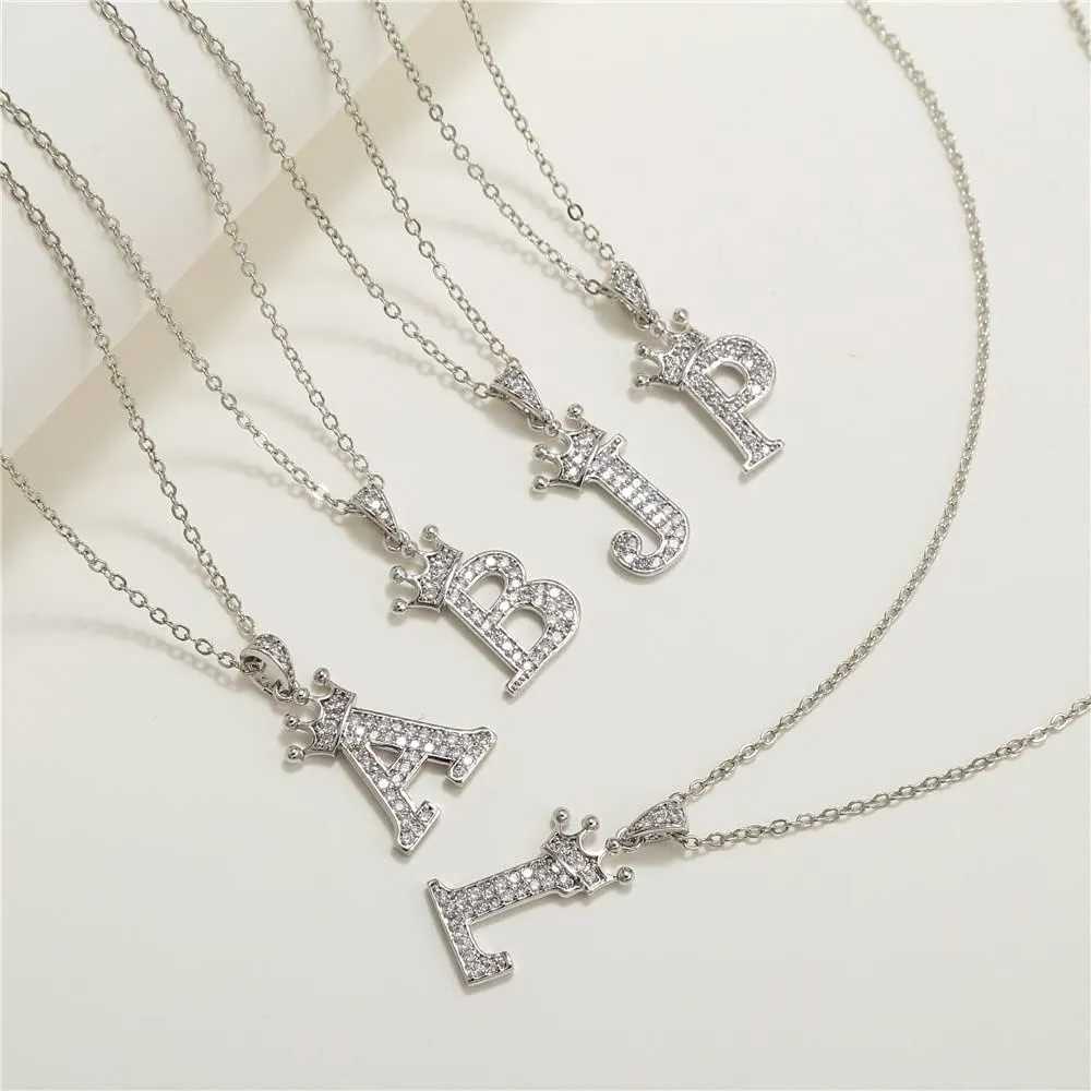 Crown A-Z Initial Necklace Silver Plated Sparkling Crystal Monogram Letters Pendant Necklaces for Women Alphabet Name Jewelry Gift