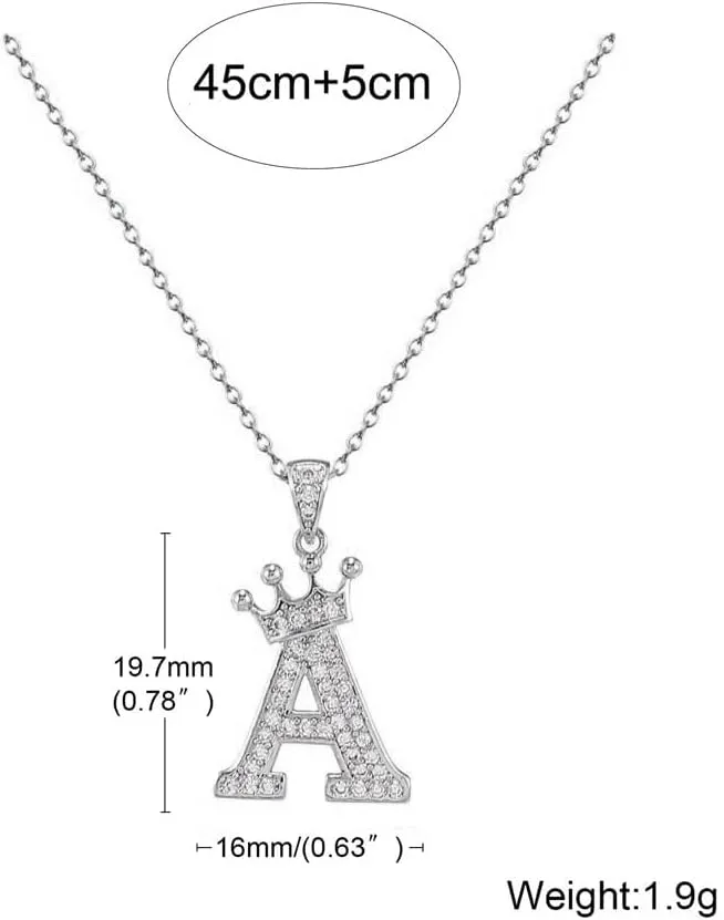Crown A-Z Initial Necklace Silver Plated Sparkling Crystal Monogram Letters Pendant Necklaces for Women Alphabet Name Jewelry Gift