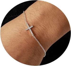 Cubic Zirconia Cross Bracelet for Women Dainty Silver Cross Bracelet Cute Tiny Sideways Cross Bracelets Diamond Simple Classic Chain Minimalist Handmade Adjustable Jewelry Gift
