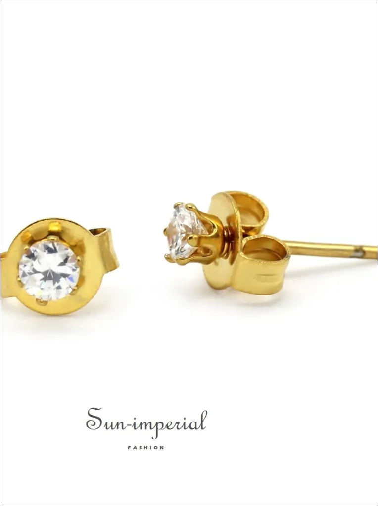 Cubic Zirconia Round 14k Gold Filled Stud Earrings Stainless Steel Ear Piercing Jewelry Men Women