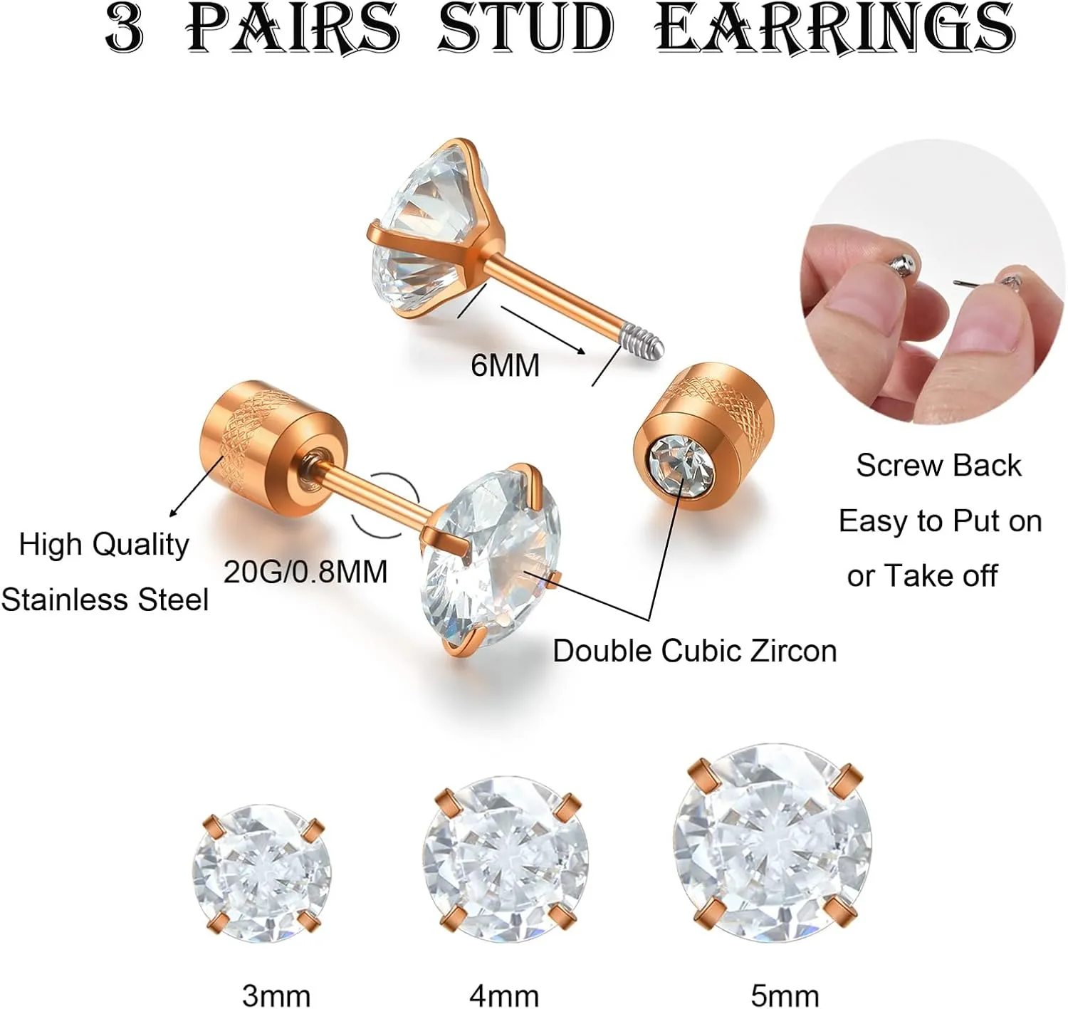 Cubic Zirconia Stud Earrings for Women Men 20G Stainless Steel CZ Studs Earrings Set Multi-Pack Sleeper Earrings for Cartilage Helix Lobe Piercing-3/4/5/6/7/8mm
