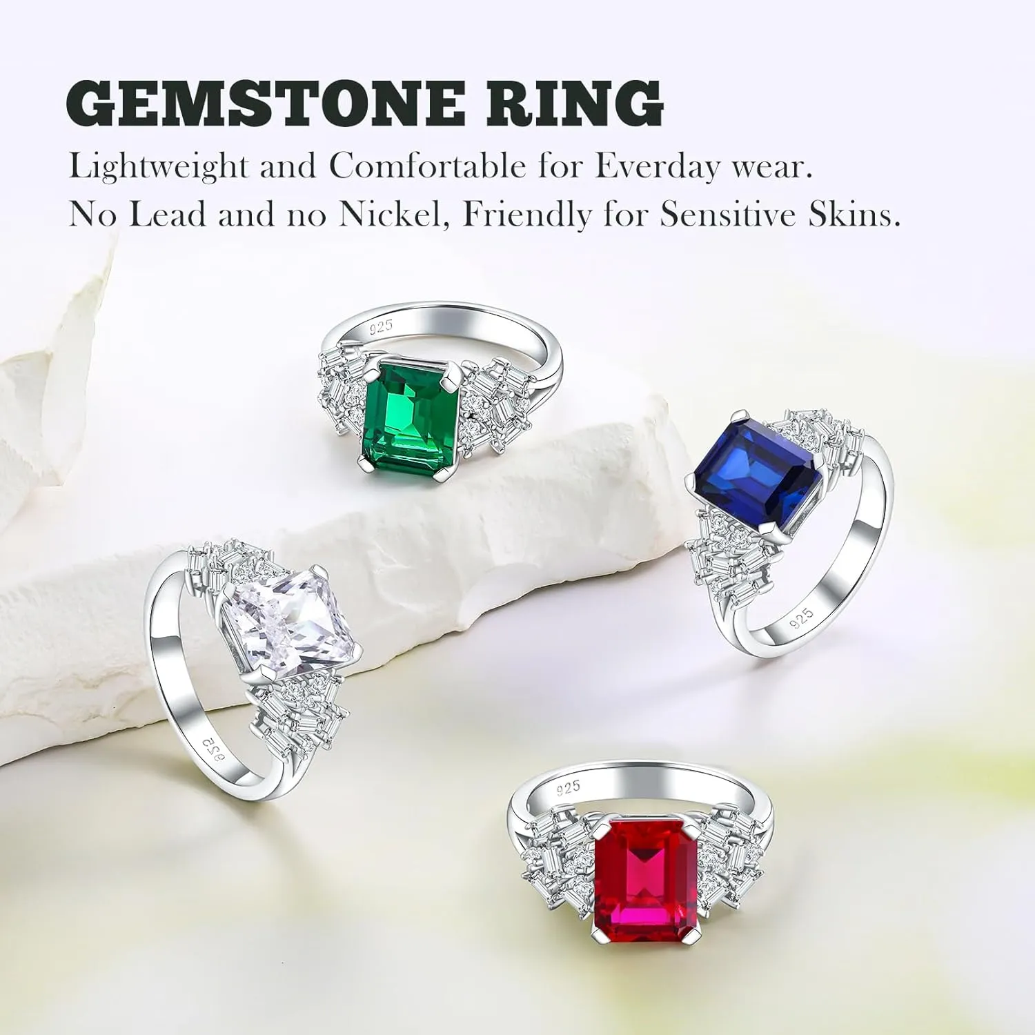 Cushion/Emerald Cut Engagement Rings for Women, 925 Sterling Silver Cubic Zirconia Cocktail Party Ring, Birthstone Signet Ring,Sapphire/Ruby/Emerald Gemstone Rings