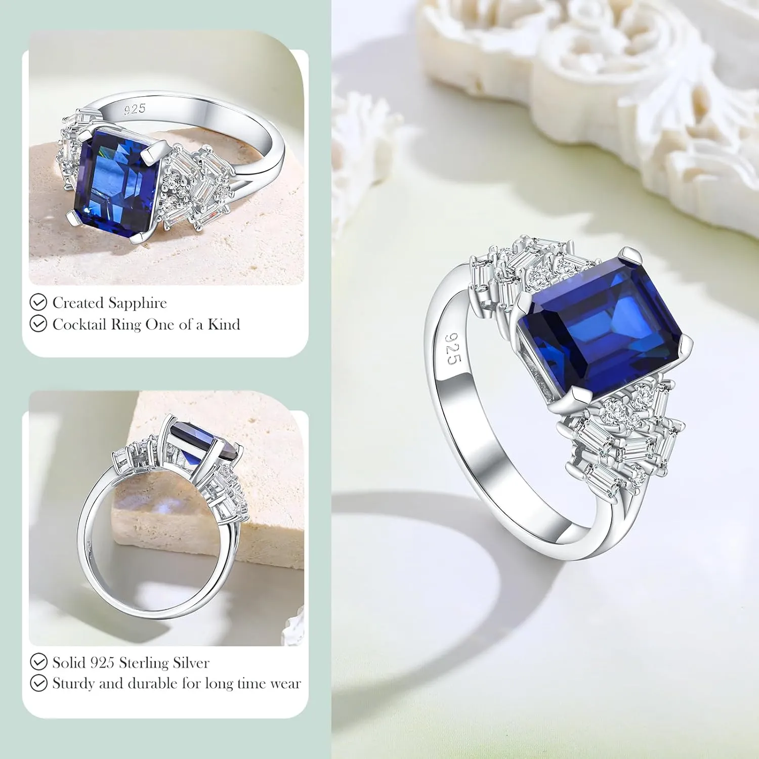 Cushion/Emerald Cut Engagement Rings for Women, 925 Sterling Silver Cubic Zirconia Cocktail Party Ring, Birthstone Signet Ring,Sapphire/Ruby/Emerald Gemstone Rings
