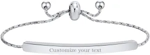 Custom silver bar bracelet adjustable Personalized engraved initial chain bracelet Delicate friendship bracelet Simple jewelry birthday gift