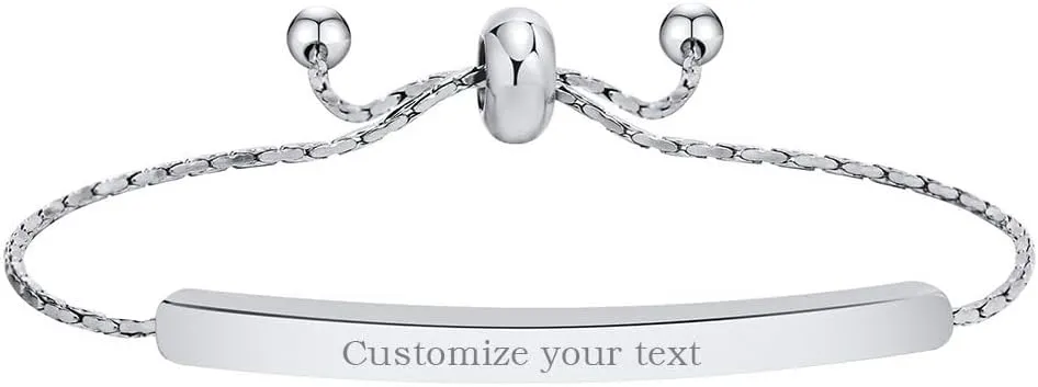Custom silver bar bracelet adjustable Personalized engraved initial chain bracelet Delicate friendship bracelet Simple jewelry birthday gift