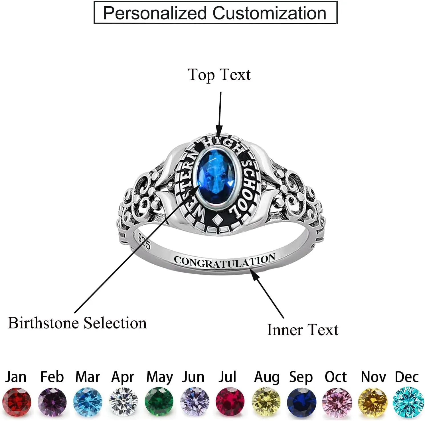 Customizable Class Rings High School and College Graduates,Graduation Ring Personalized,925 Sterling Silver/10k/14k/18k High School Rings,Birthstone Class Of 2024 Ring Graduation Gift