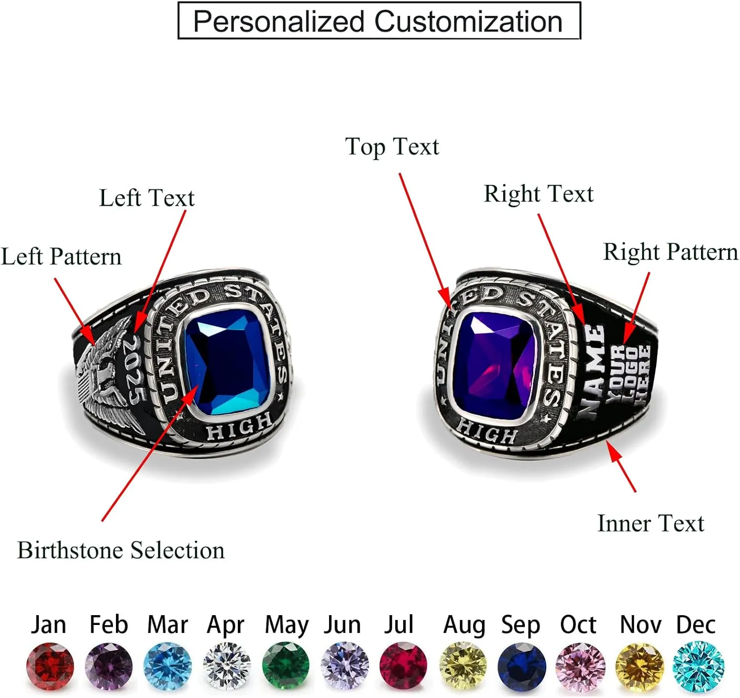Customizable Class Rings High School and College Graduates,Graduation Ring Personalized,Sterling Silver/10k/14k/18k,Birthstone Class Of 2024 Ring Graduation Gift