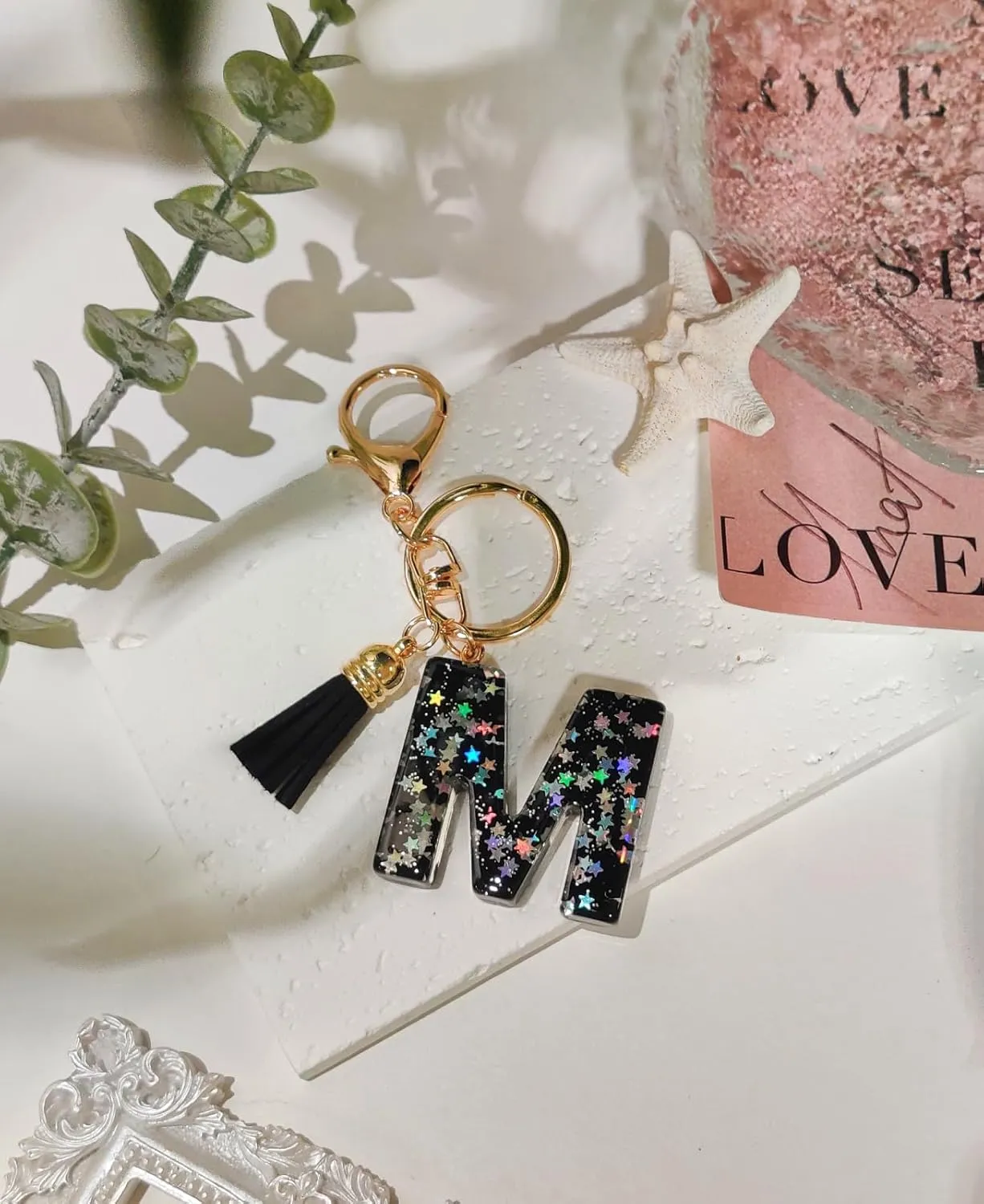 Cute Black Key Chains Bag Charms Initial Letter Star Keyring with Tassel for Women Girls Purse Handbags Backpacks