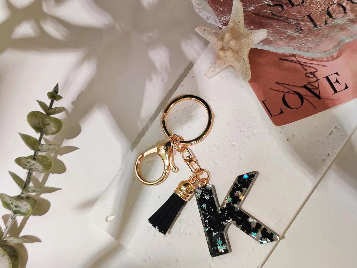 Cute Black Key Chains Bag Charms Initial Letter Star Keyring with Tassel for Women Girls Purse Handbags Backpacks