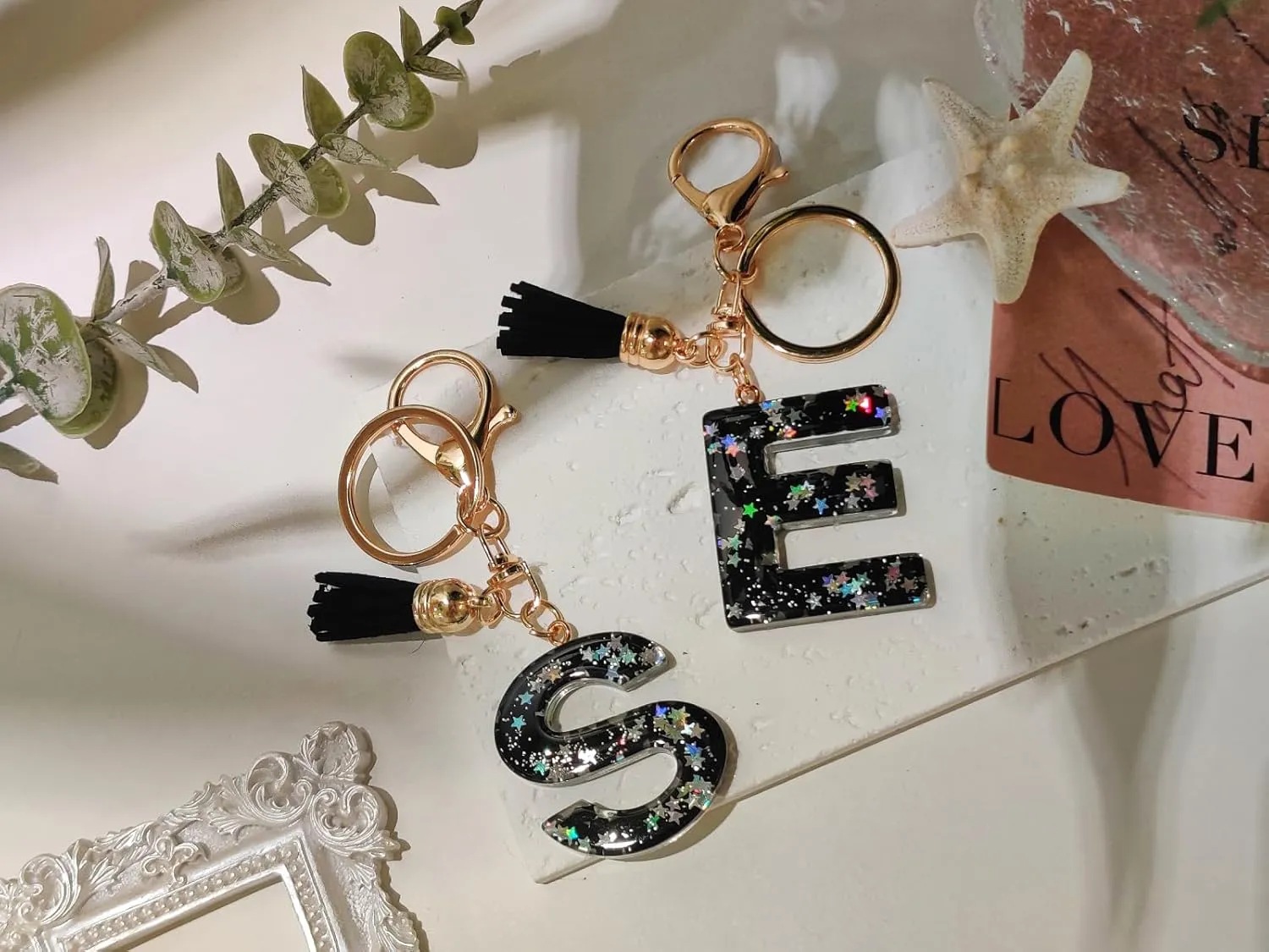 Cute Black Key Chains Bag Charms Initial Letter Star Keyring with Tassel for Women Girls Purse Handbags Backpacks