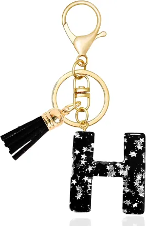 Cute Black Key Chains Bag Charms Initial Letter Star Keyring with Tassel for Women Girls Purse Handbags Backpacks