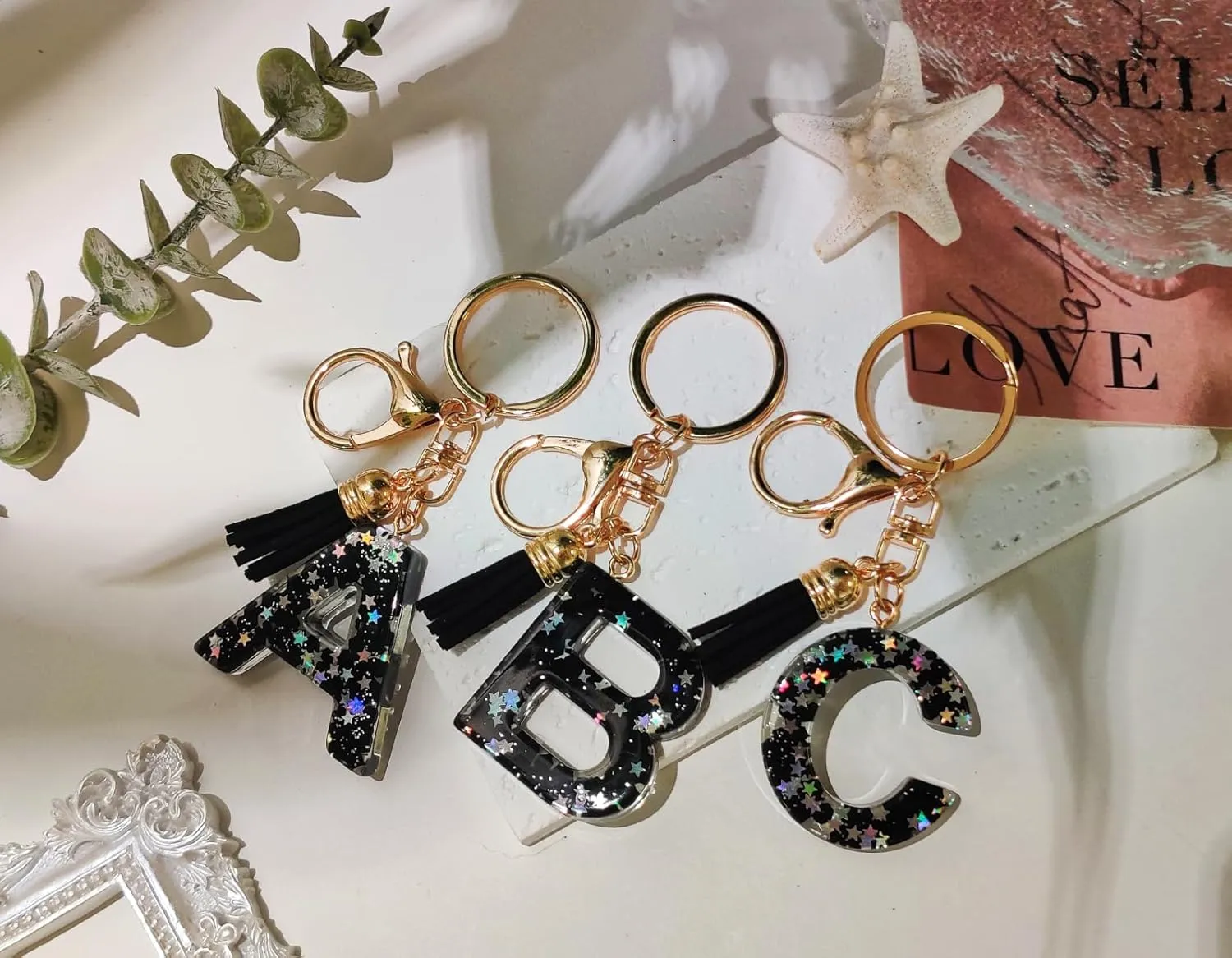 Cute Black Key Chains Bag Charms Initial Letter Star Keyring with Tassel for Women Girls Purse Handbags Backpacks