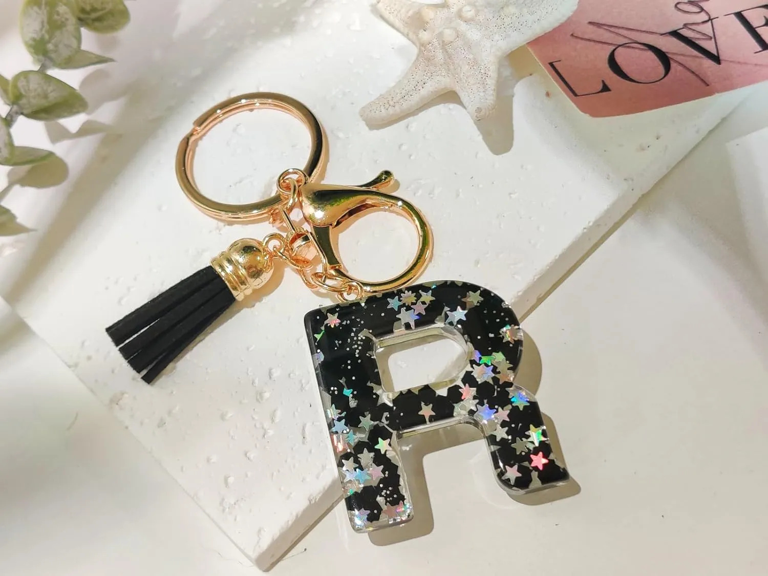 Cute Black Key Chains Bag Charms Initial Letter Star Keyring with Tassel for Women Girls Purse Handbags Backpacks