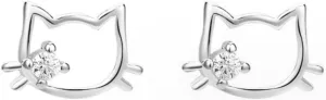 Cute Cat Stud Earrings | 925 Sterling Silver Small Kitty Cat Screw Back Stud Earrings | Hypoallergenic, Delicate Animal Piercing Jewelry for for Women | Minimalist Cute Cat Earrings with Sparkling Cubic Zirconia Stone