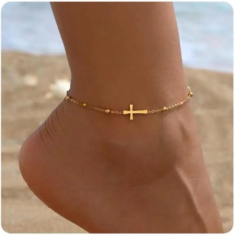 Dainty Cross Ankle Bracelets for Women 18K Gold Plated Tiny Pearl Colorful Beads Beach Summer Simple Foot Jewelry Anklets for Jewelry Gift