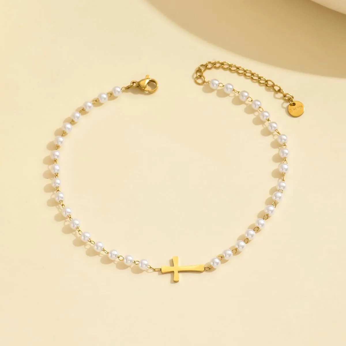 Dainty Cross Ankle Bracelets for Women 18K Gold Plated Tiny Pearl Colorful Beads Beach Summer Simple Foot Jewelry Anklets for Jewelry Gift