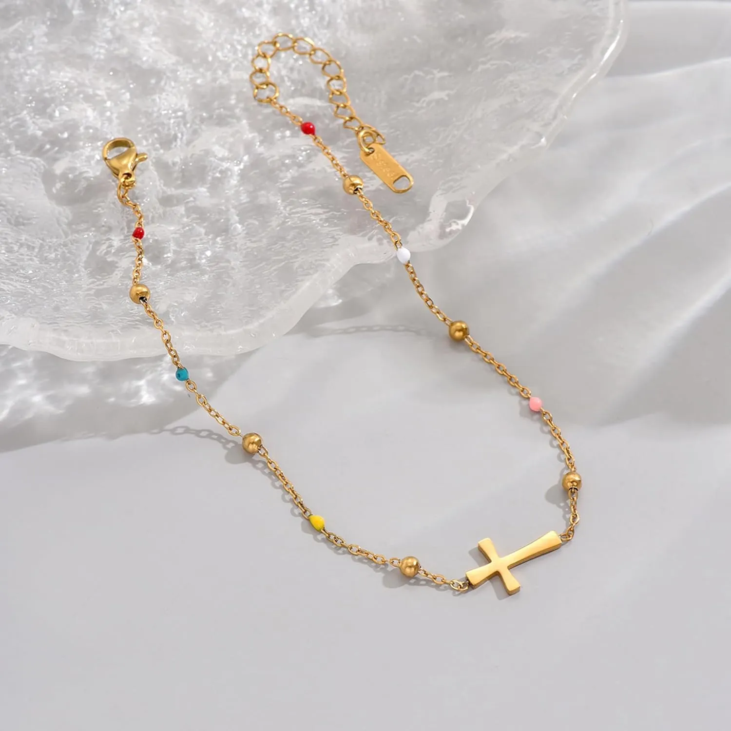 Dainty Cross Ankle Bracelets for Women 18K Gold Plated Tiny Pearl Colorful Beads Beach Summer Simple Foot Jewelry Anklets for Jewelry Gift