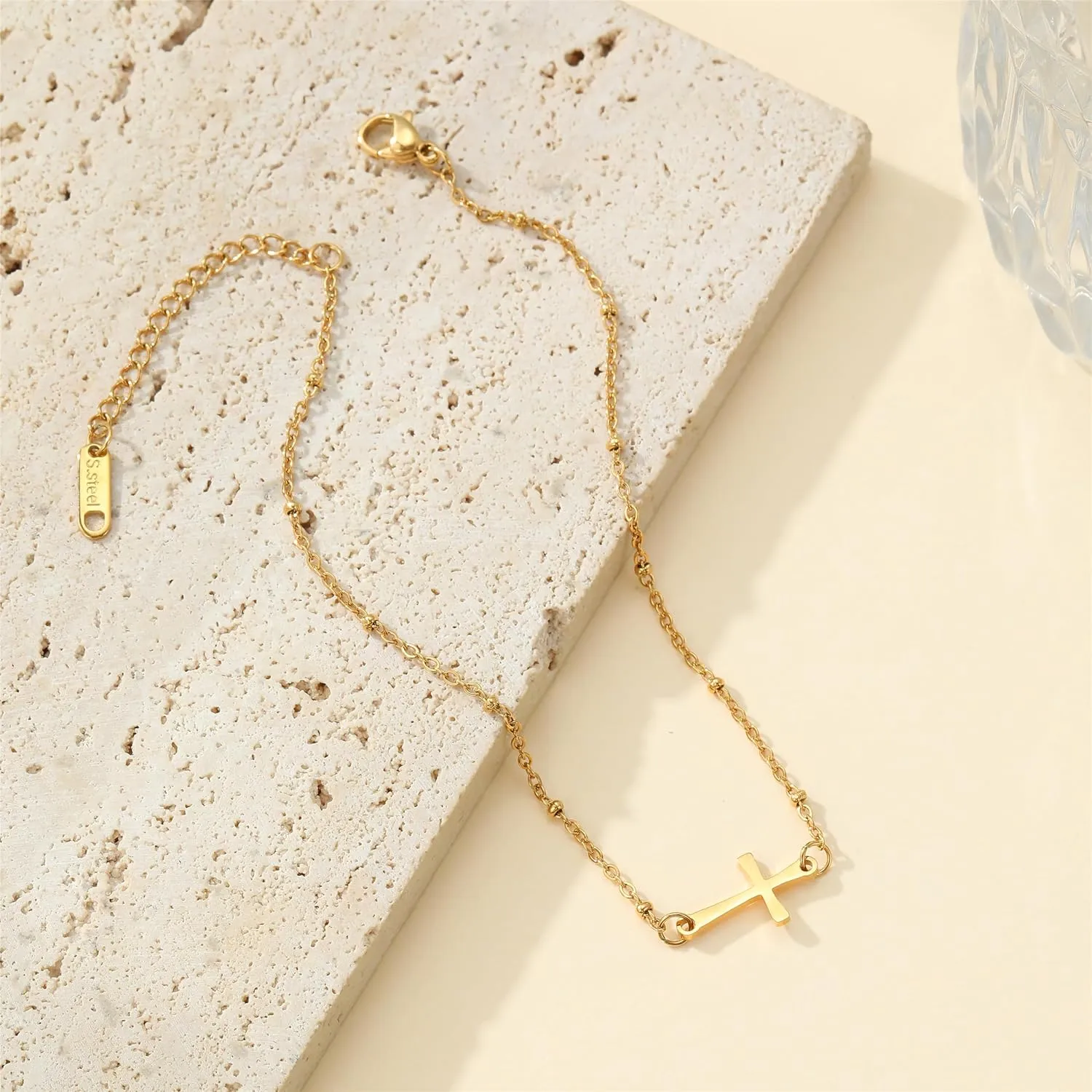 Dainty Cross Ankle Bracelets for Women 18K Gold Plated Tiny Pearl Colorful Beads Beach Summer Simple Foot Jewelry Anklets for Jewelry Gift