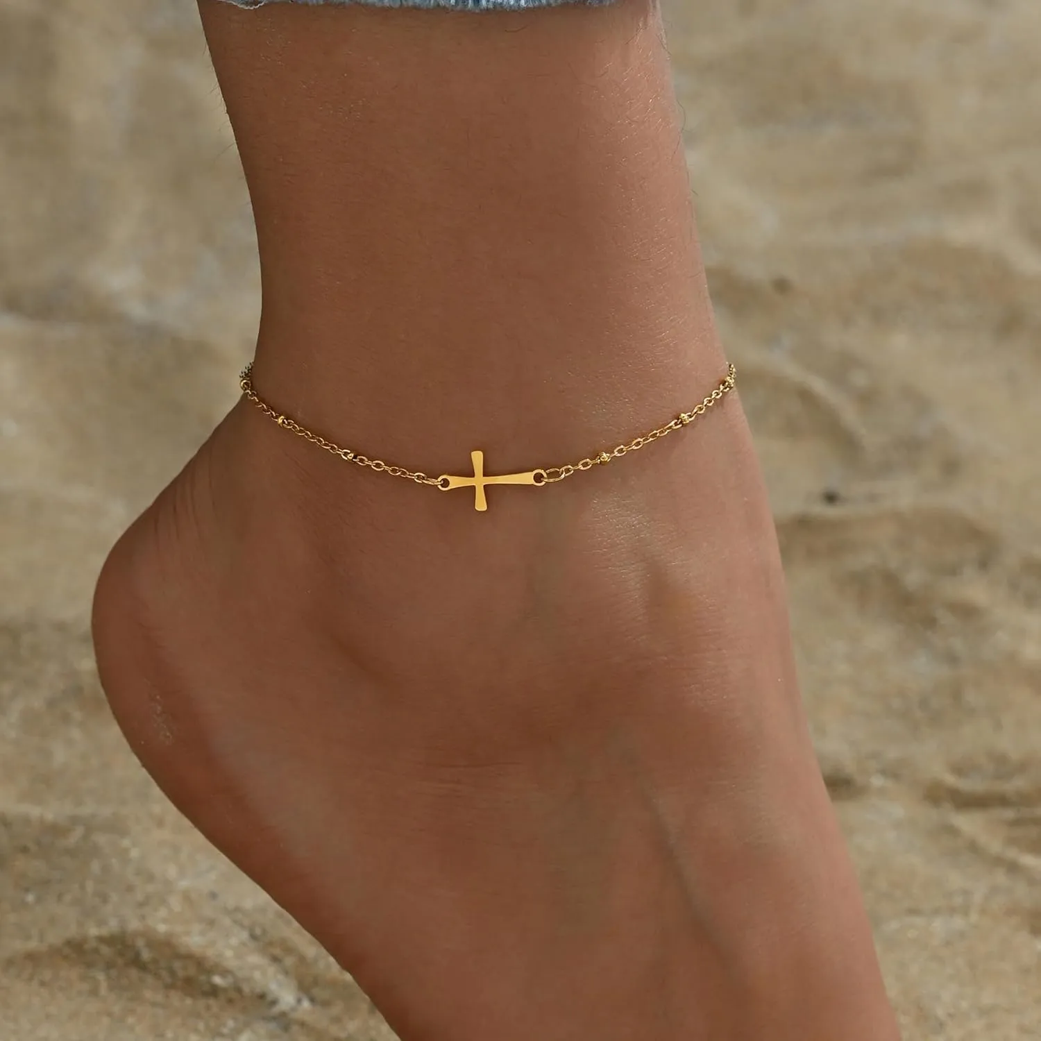 Dainty Cross Ankle Bracelets for Women 18K Gold Plated Tiny Pearl Colorful Beads Beach Summer Simple Foot Jewelry Anklets for Jewelry Gift