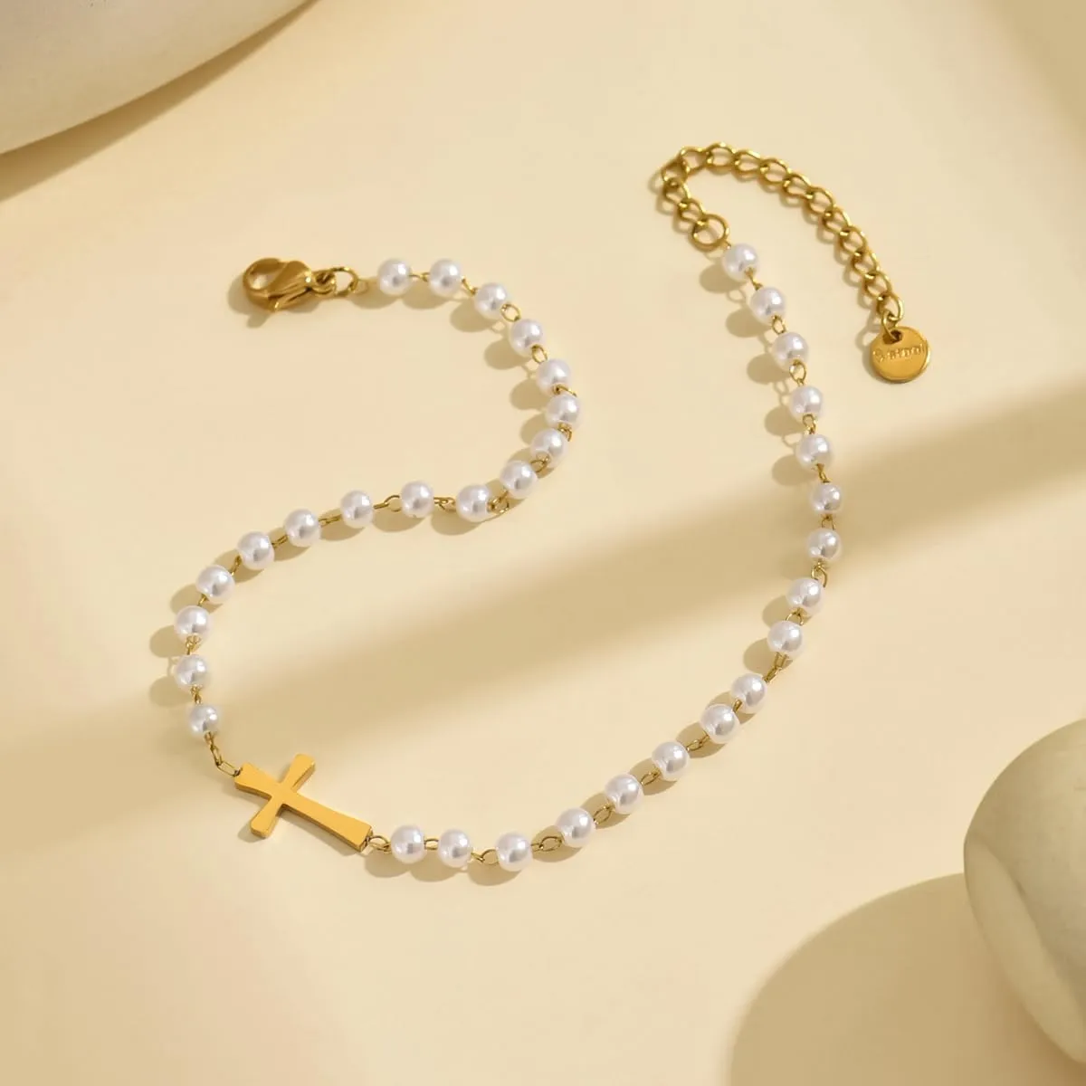 Dainty Cross Ankle Bracelets for Women 18K Gold Plated Tiny Pearl Colorful Beads Beach Summer Simple Foot Jewelry Anklets for Jewelry Gift