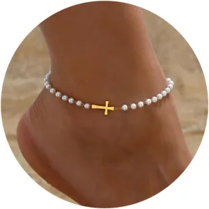 Dainty Cross Ankle Bracelets for Women 18K Gold Plated Tiny Pearl Colorful Beads Beach Summer Simple Foot Jewelry Anklets for Jewelry Gift