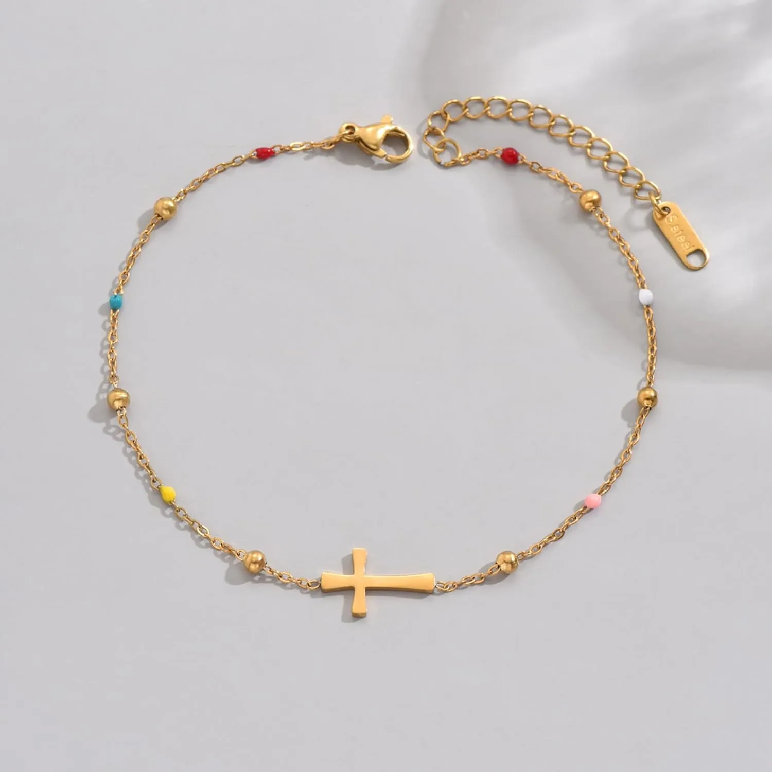 Dainty Cross Ankle Bracelets for Women 18K Gold Plated Tiny Pearl Colorful Beads Beach Summer Simple Foot Jewelry Anklets for Jewelry Gift