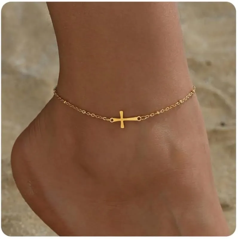 Dainty Cross Ankle Bracelets for Women 18K Gold Plated Tiny Pearl Colorful Beads Beach Summer Simple Foot Jewelry Anklets for Jewelry Gift