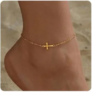 Dainty Cross Ankle Bracelets for Women 18K Gold Plated Tiny Pearl Colorful Beads Beach Summer Simple Foot Jewelry Anklets for Jewelry Gift