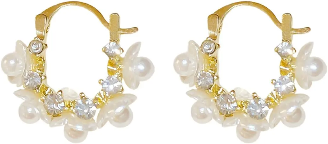 Dainty CZ Pearl Flower Small Huggie Hoop Earrings for Women Gold Plated Pearls Floral Beaded Back Stud Click Top Earring Lightweight Fashion Wedding Jewelry