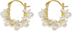Dainty CZ Pearl Flower Small Huggie Hoop Earrings for Women Gold Plated Pearls Floral Beaded Back Stud Click Top Earring Lightweight Fashion Wedding Jewelry