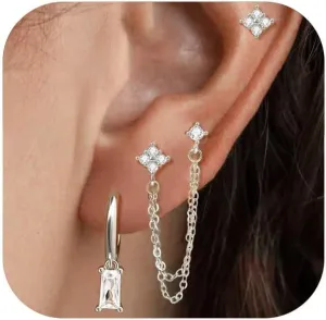 Dainty Gold Chain Earrings for Women  14K Gold Plated Hypoallergenic Long Dangle Earrings Set with Cubic Zirconia, Stackable Hoop & Stud Jewelry (3 PCS)