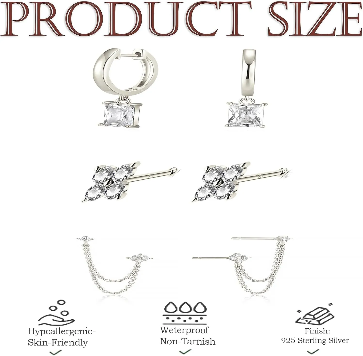 Dainty Gold Chain Earrings for Women  14K Gold Plated Hypoallergenic Long Dangle Earrings Set with Cubic Zirconia, Stackable Hoop & Stud Jewelry (3 PCS)