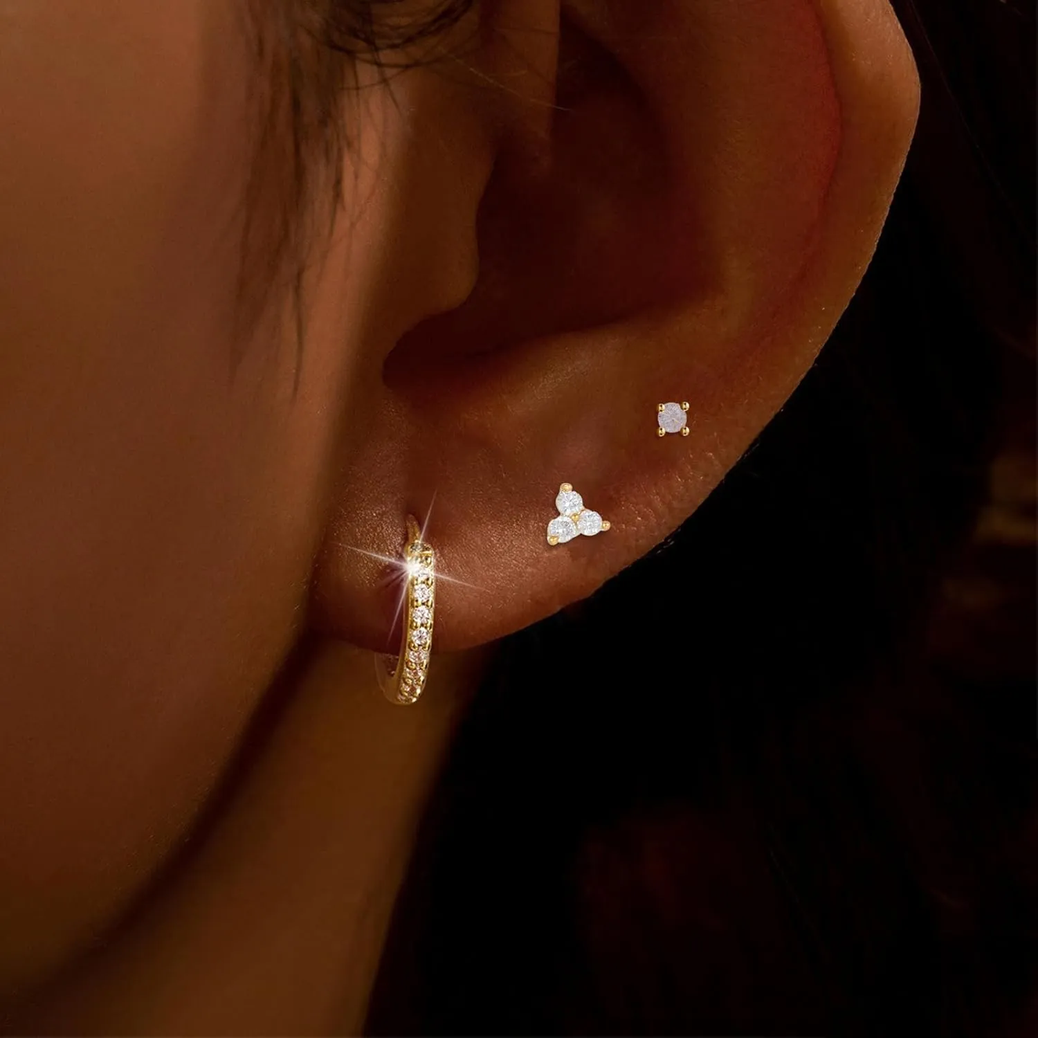 Dainty Gold Earring Set - Tiny Flower & Butterfly Cartilage Studs & Hoops - Hypoallergenic for Her