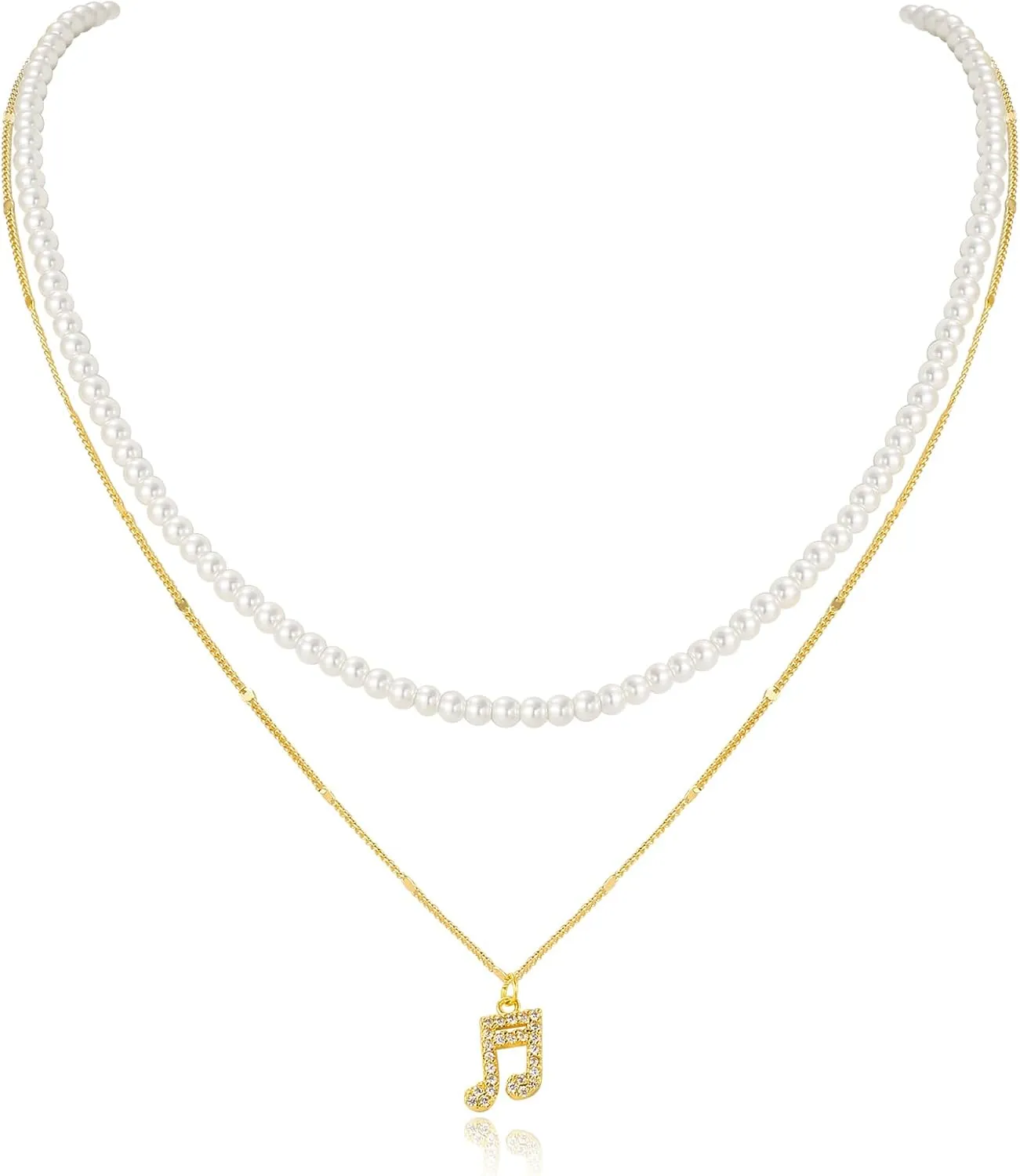 Dainty Layered Pearl Music Choker Necklace for Women, Trendy 14k Gold Plated Adjustable Thin Chain Pendant Concert Necklaces Simple Jewelry White Necklace For Women Bride Wedding Prom Gifts