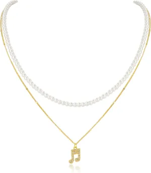 Dainty Layered Pearl Music Choker Necklace for Women, Trendy 14k Gold Plated Adjustable Thin Chain Pendant Concert Necklaces Simple Jewelry White Necklace For Women Bride Wedding Prom Gifts