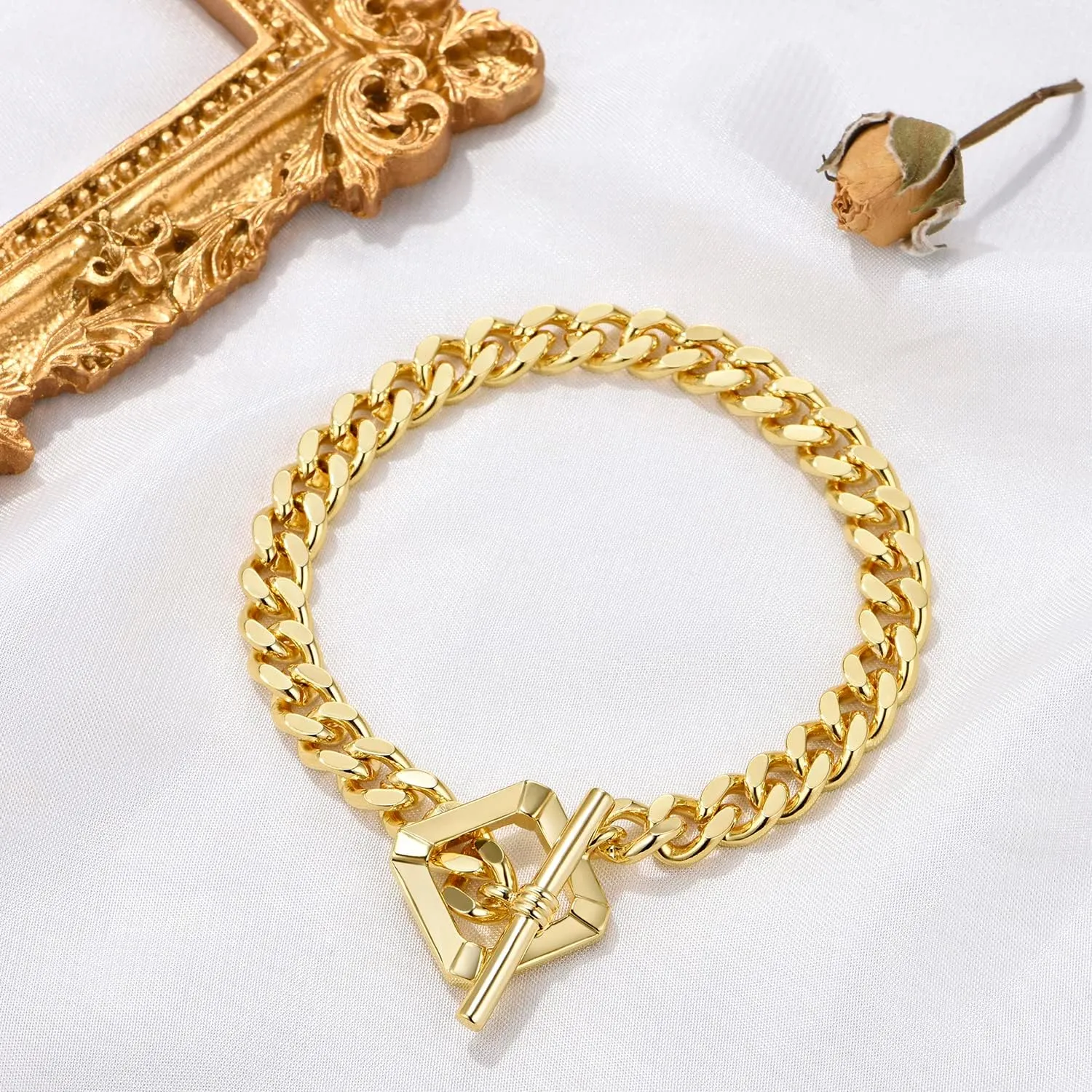 Dainty Layering Bracelets for Women 18 k Gold Plated Fashion Adjustable Chunky Cuban Paperclip Link Chain Bracelets Jewelry for Women Girls Gift