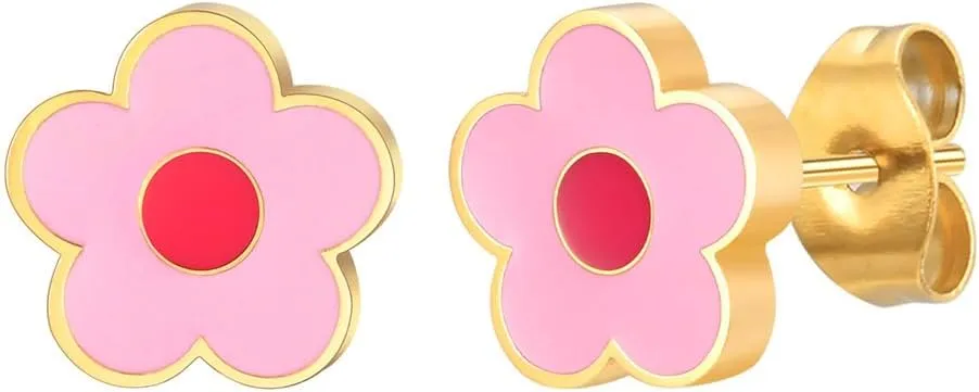 Dainty Pink Flower Stud Earrings for Women 14k Gold Plated Stainless Steel Cute Minimalist Enamel Floral Tiny Studs Hypoallergenic Fashion Wedding Party Jewelry for Her Daughter Niece