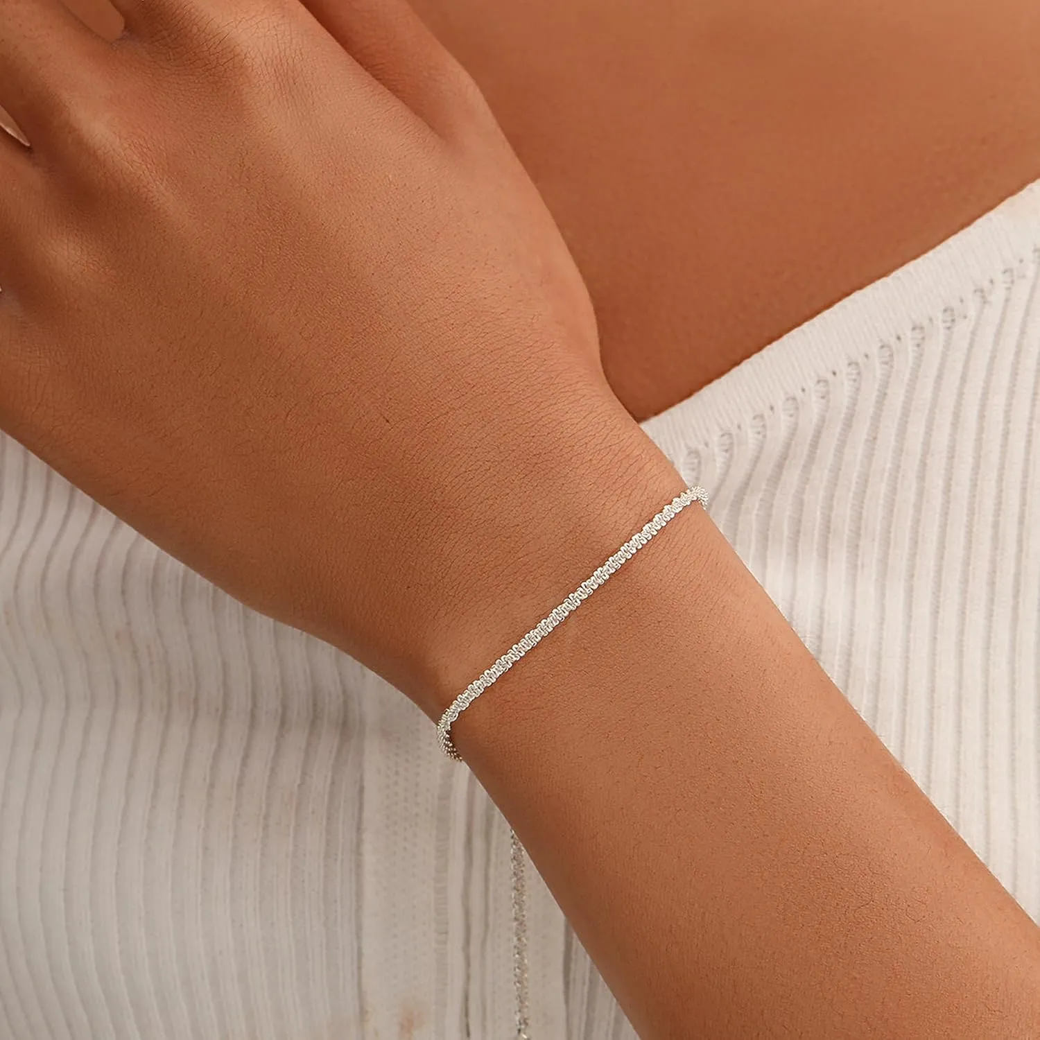 Dainty Shiny 925 Sterling Silver Bracelets for Women 14K Gold Plated Simple Twist Rope Chain Bracelet Minimalist Adjustable Link Charm Bracelet Jewelry Birthday Gifts for Mom