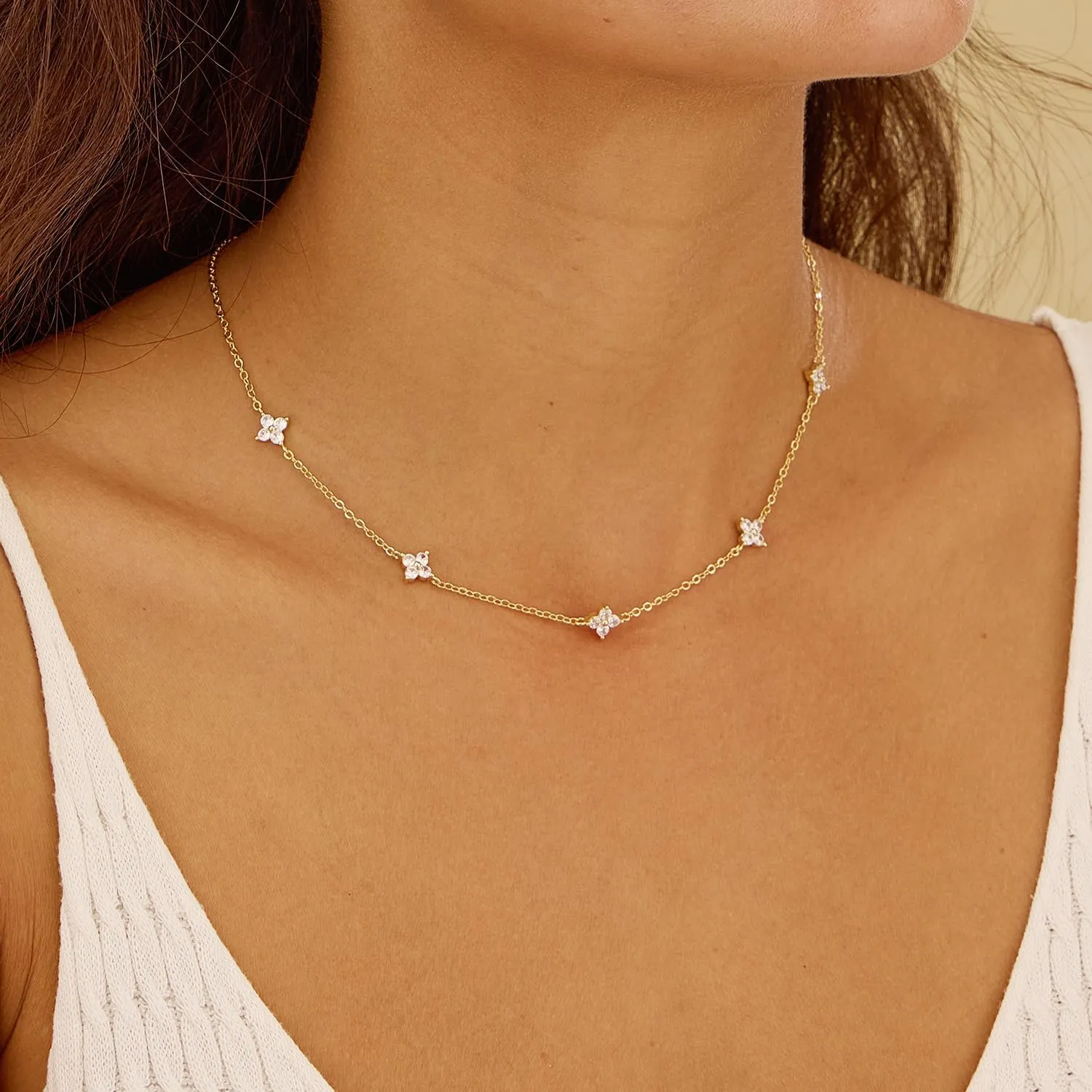 Dainty Silver Gold Necklaces for Women Cute Station Choker Necklace Cubic Zirconia Simulated Diamond Necklace Simple Layering CZ Necklace Trendy Jewelry Gifts