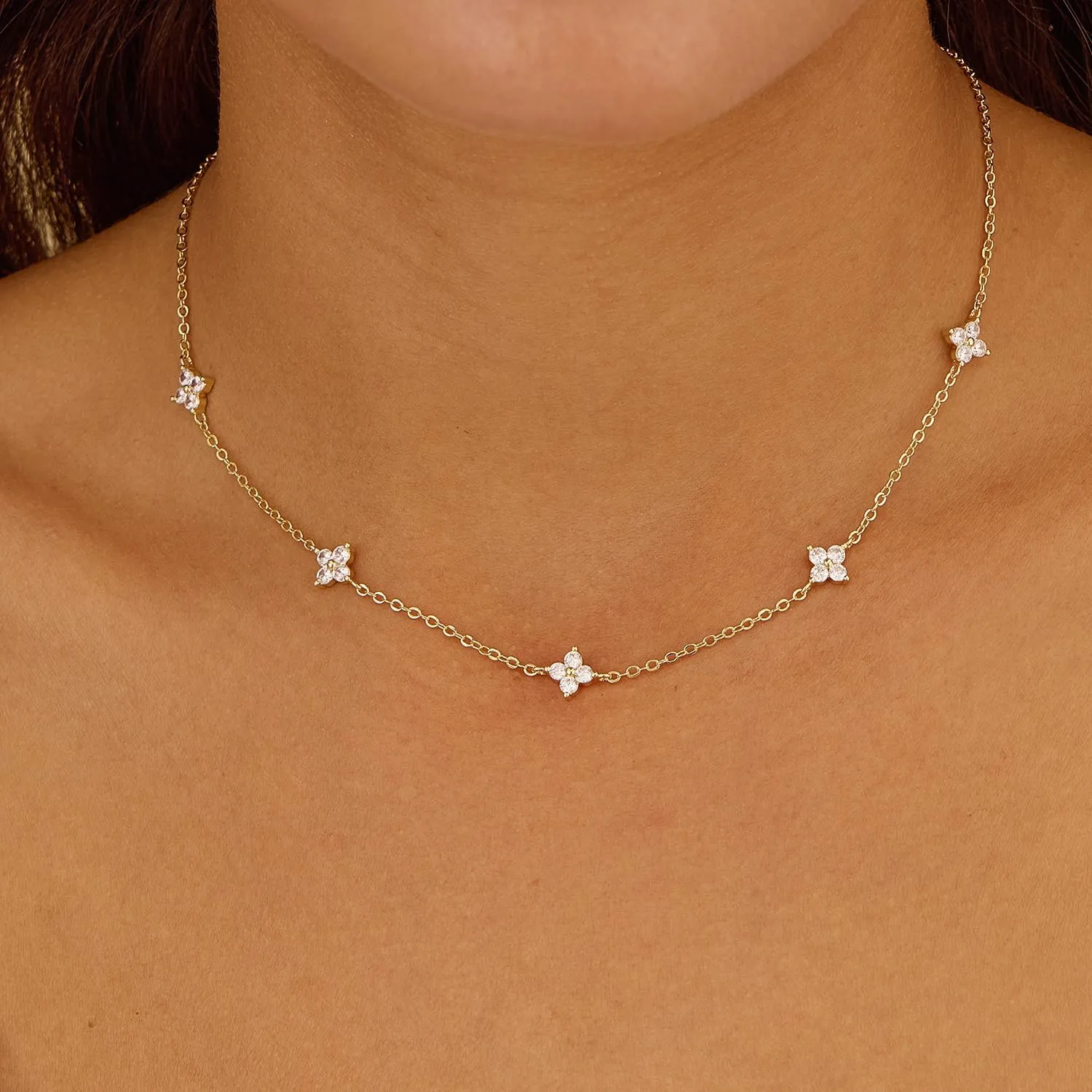 Dainty Silver Gold Necklaces for Women Cute Station Choker Necklace Cubic Zirconia Simulated Diamond Necklace Simple Layering CZ Necklace Trendy Jewelry Gifts