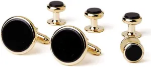 David's Formal Wear Classic Black Onyx Tuxedo Studs and Cufflinks Gold Trim