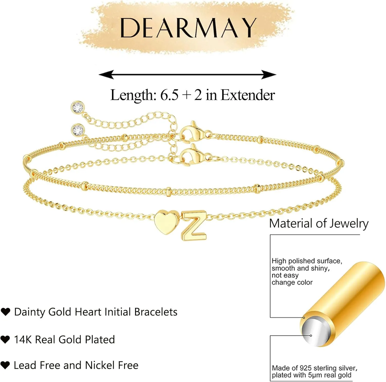 DEARMAY Dainty Initial Heart Gold Bracelets for Women Trendy, 14K Real Gold Letter Charm Bracelet Jewelry Cute Simple Fashion Chain Bracelets for Women Gift