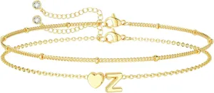 DEARMAY Dainty Initial Heart Gold Bracelets for Women Trendy, 14K Real Gold Letter Charm Bracelet Jewelry Cute Simple Fashion Chain Bracelets for Women Gift
